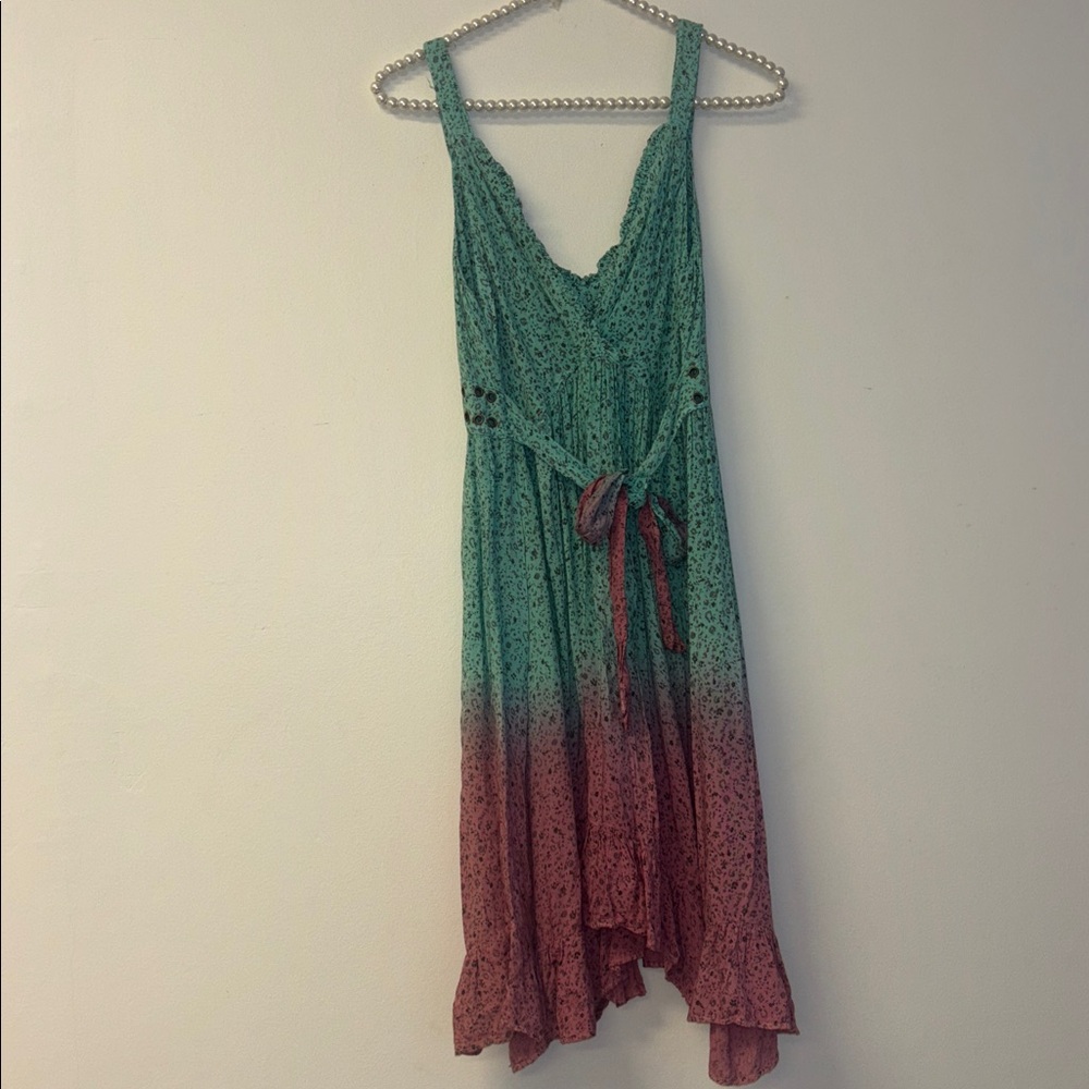 Elegant Ombre Mini Dress floral Sz med teal pink stuffed boho indie spring summ - Picture 4 of 7